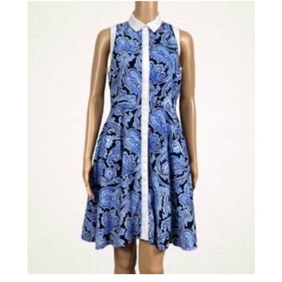 ANN TAYLOR Dress Sleeveless A Line Shirtdress Blue Paisley Art Print NWT NEW 4P